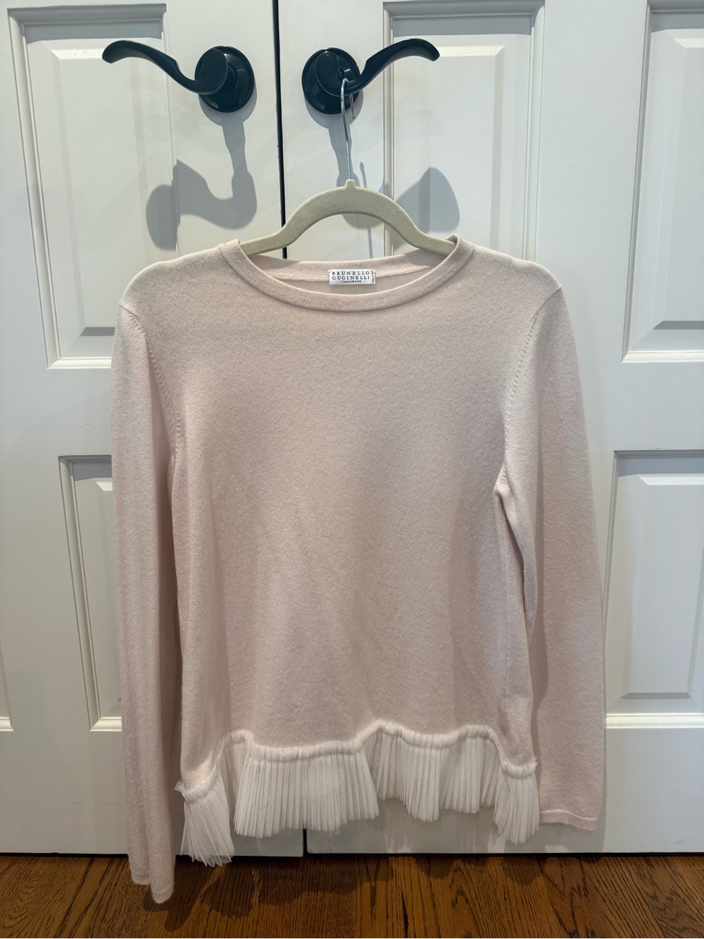 Brunello Cucinelli Light Pink Crewneck Sweater with Pleated Hem